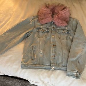Jean jacket with removable pink fur